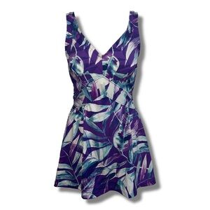 Vintage Leaf Print One Piece Swim Dress